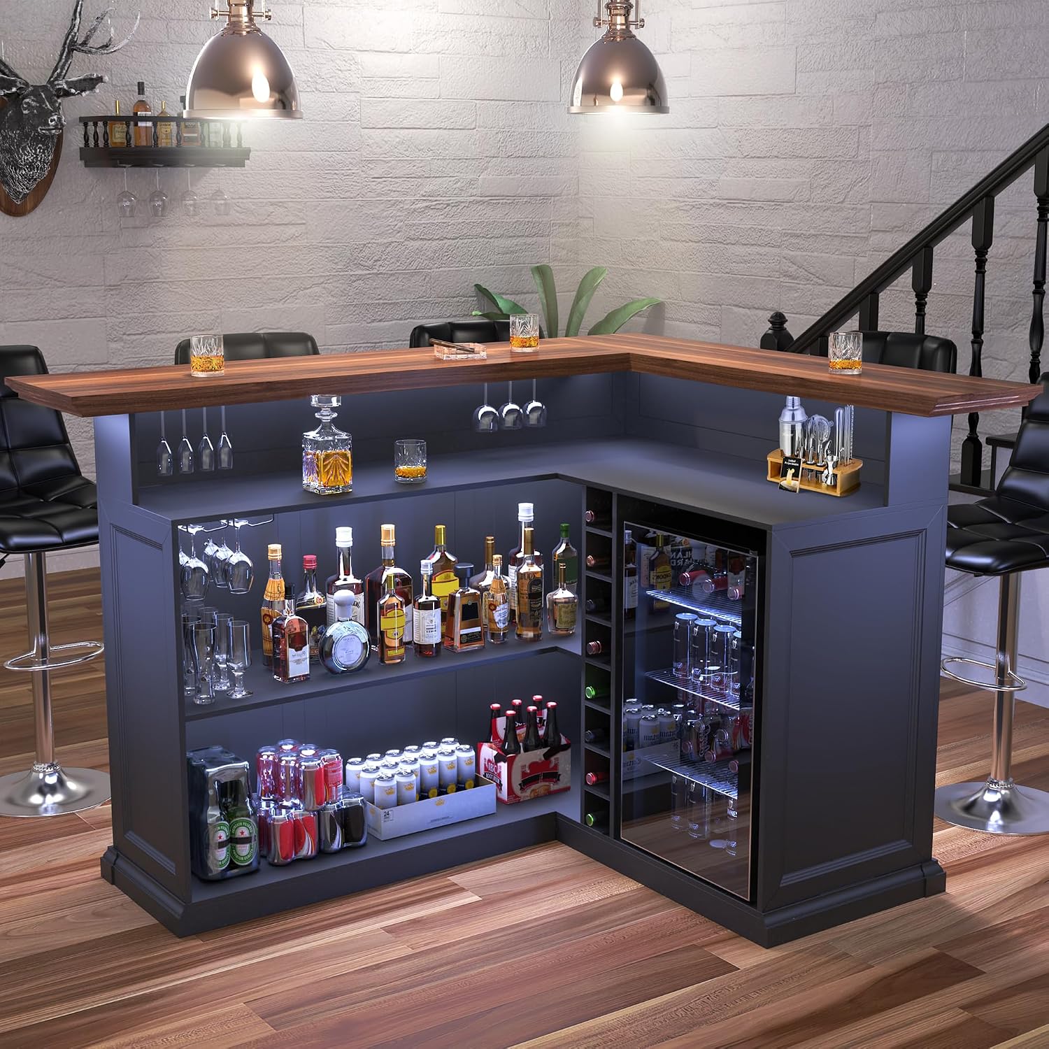 Home Bar Lounge - ตู้บาร์รูปตัว L พร้อมพื้นที่สำหรับตู้เย็น บาร์ขนาดใหญ่สำหรับห้องใต้ดิน | บาร์ในห้องใต้ดินและมุมพักผ่อนส่วนตัว,